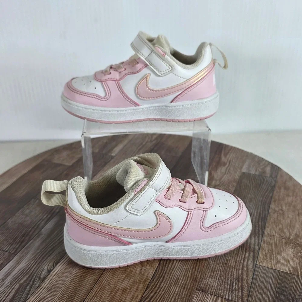 Nike Court Borough Low 2 Toddler Kids 7C Pink White Hook Loop Strap Sneakers